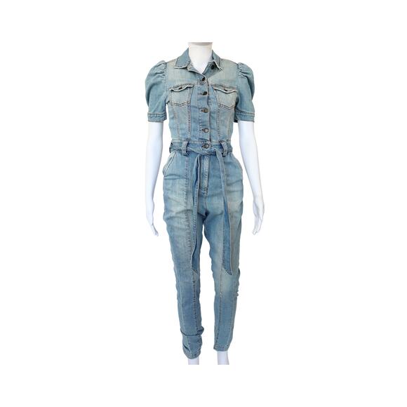Tori Distressed Denim Jumpsuit - Faded Blue - XS